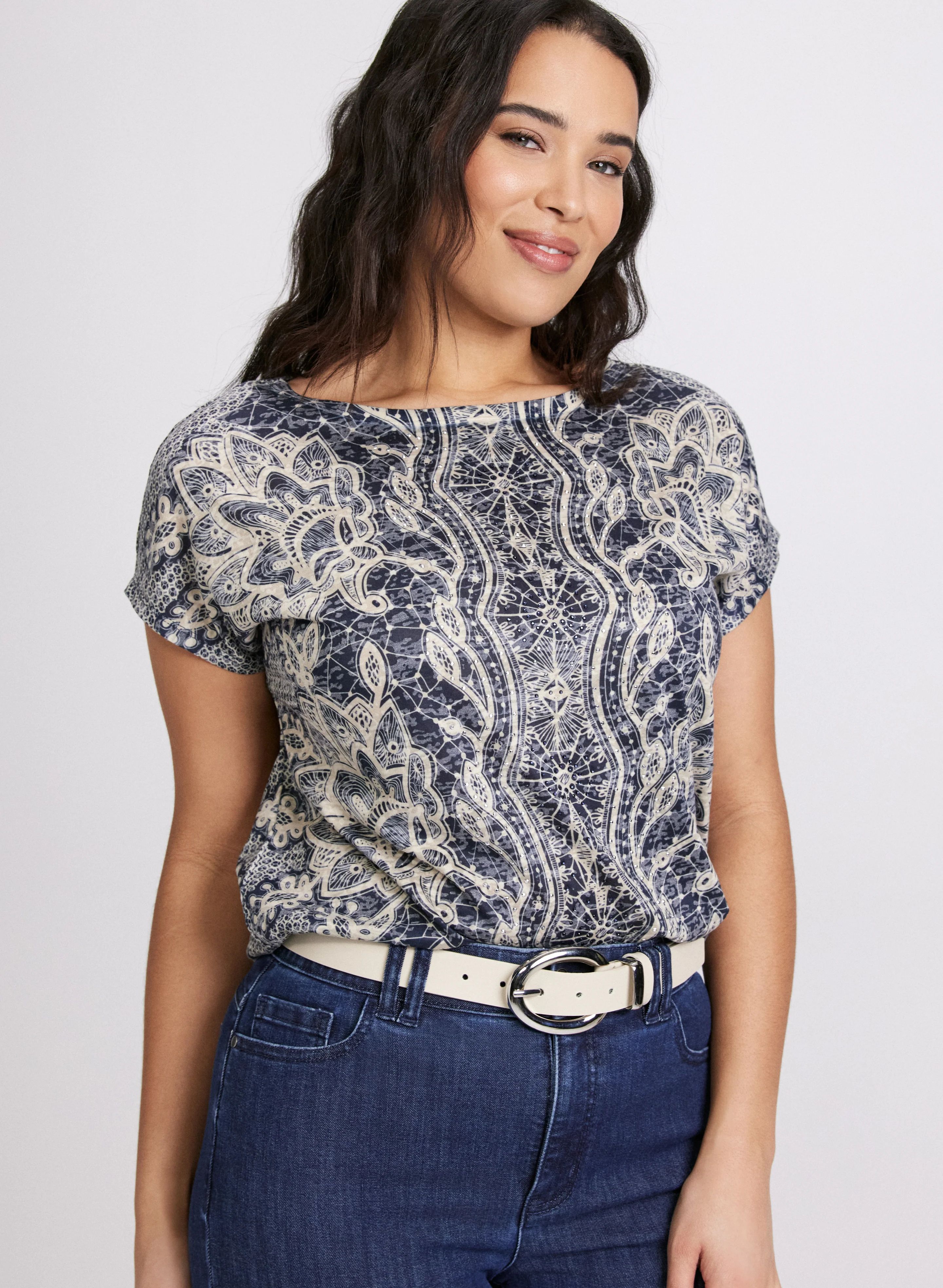 Abstract Rhinestone Embellished T-Shirt