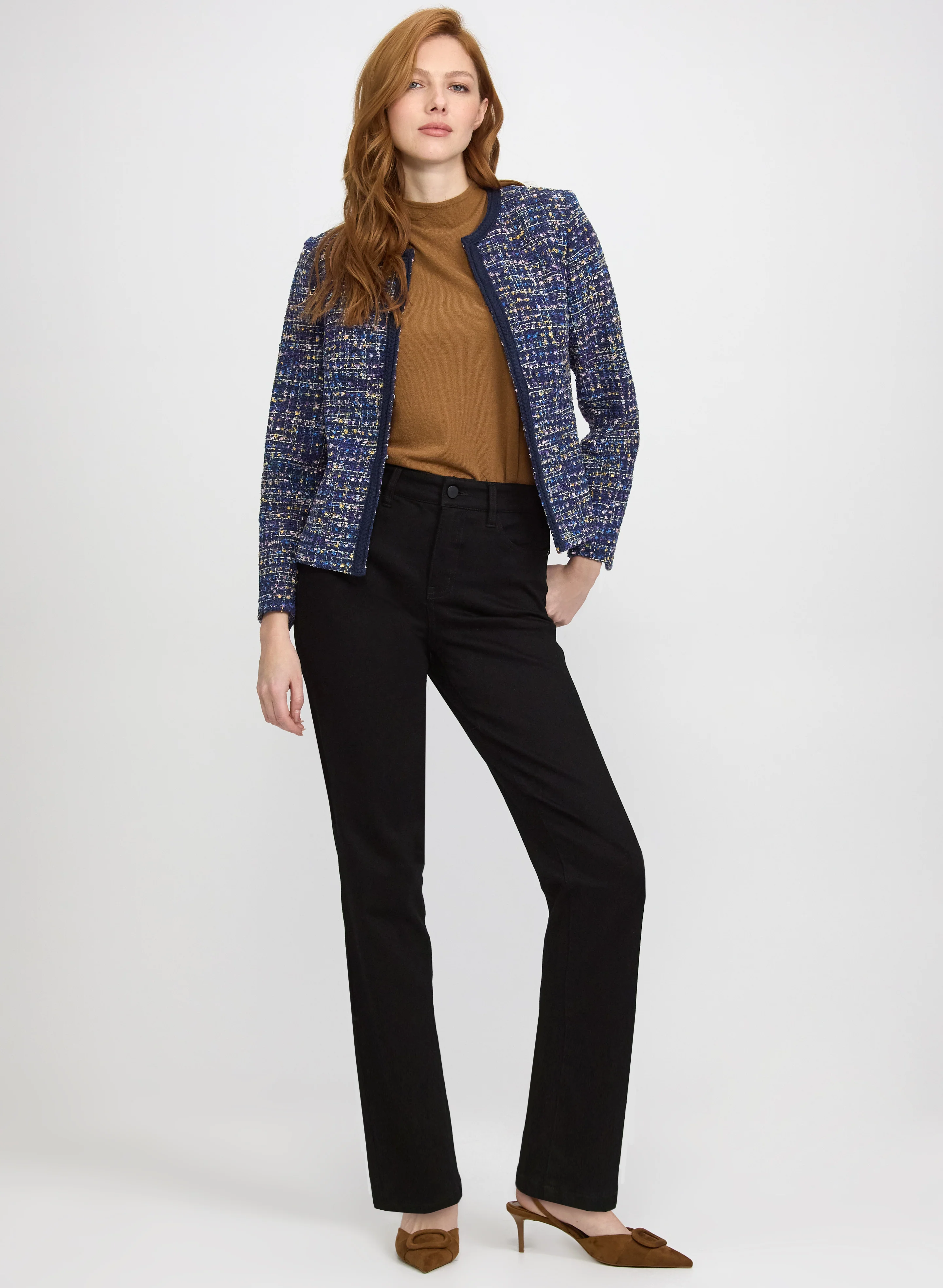 Contrast Trim Tweed Jacket & Straight-Leg Jeans
