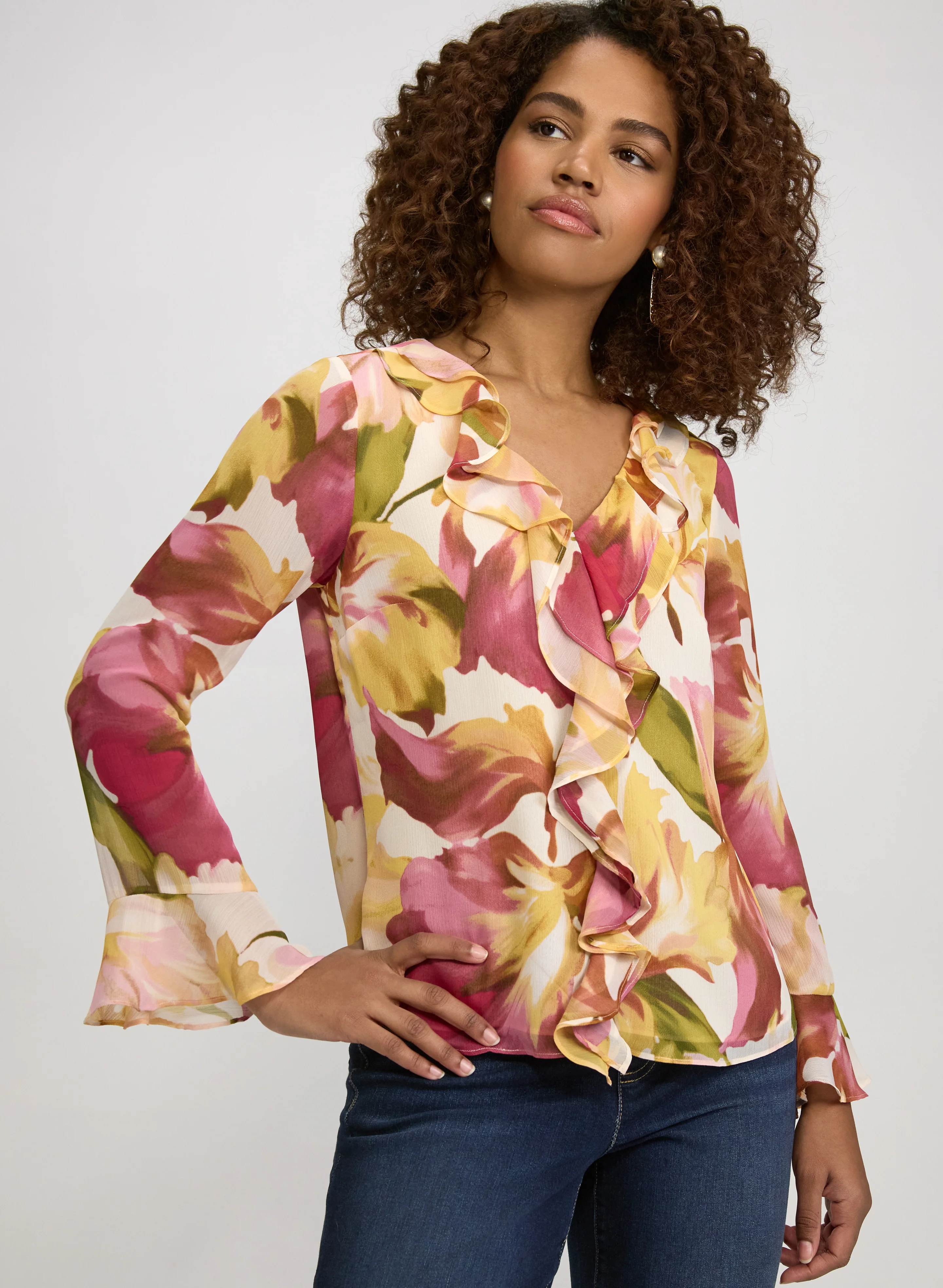 Floral Ruffle Front Blouse