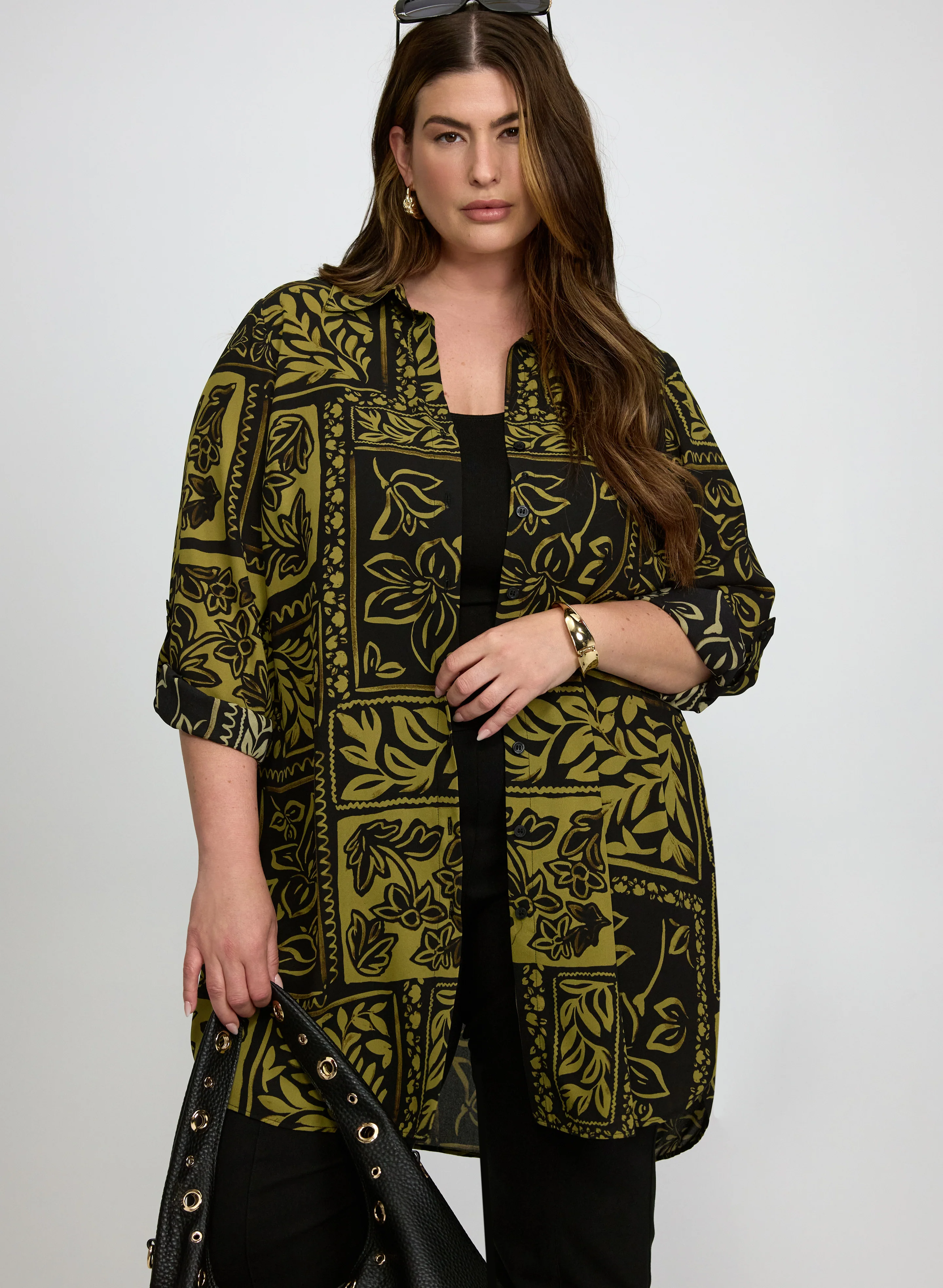 Patterned Tunic Button-Down Blouse