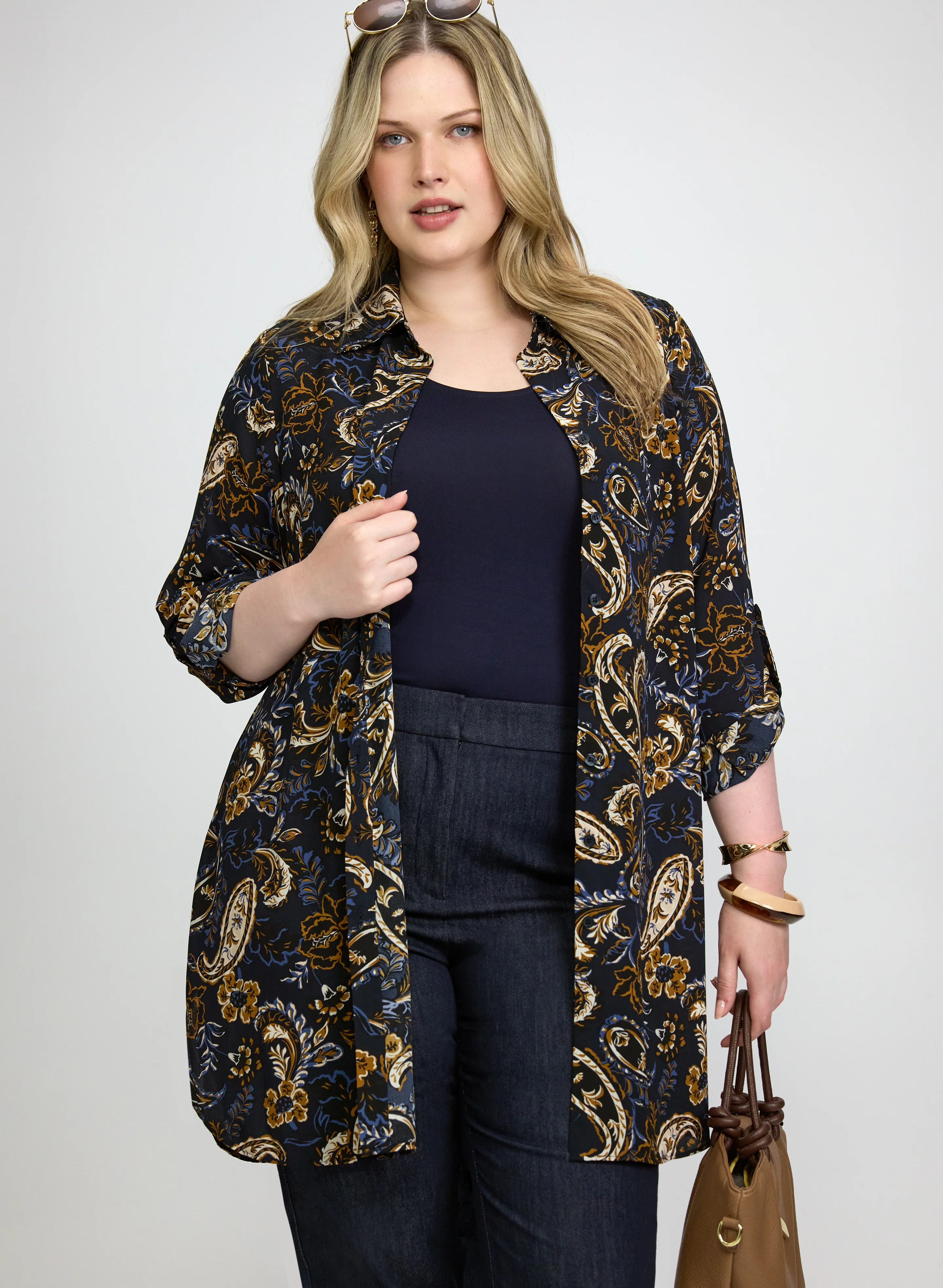 Patterned Tunic Button-Down Blouse