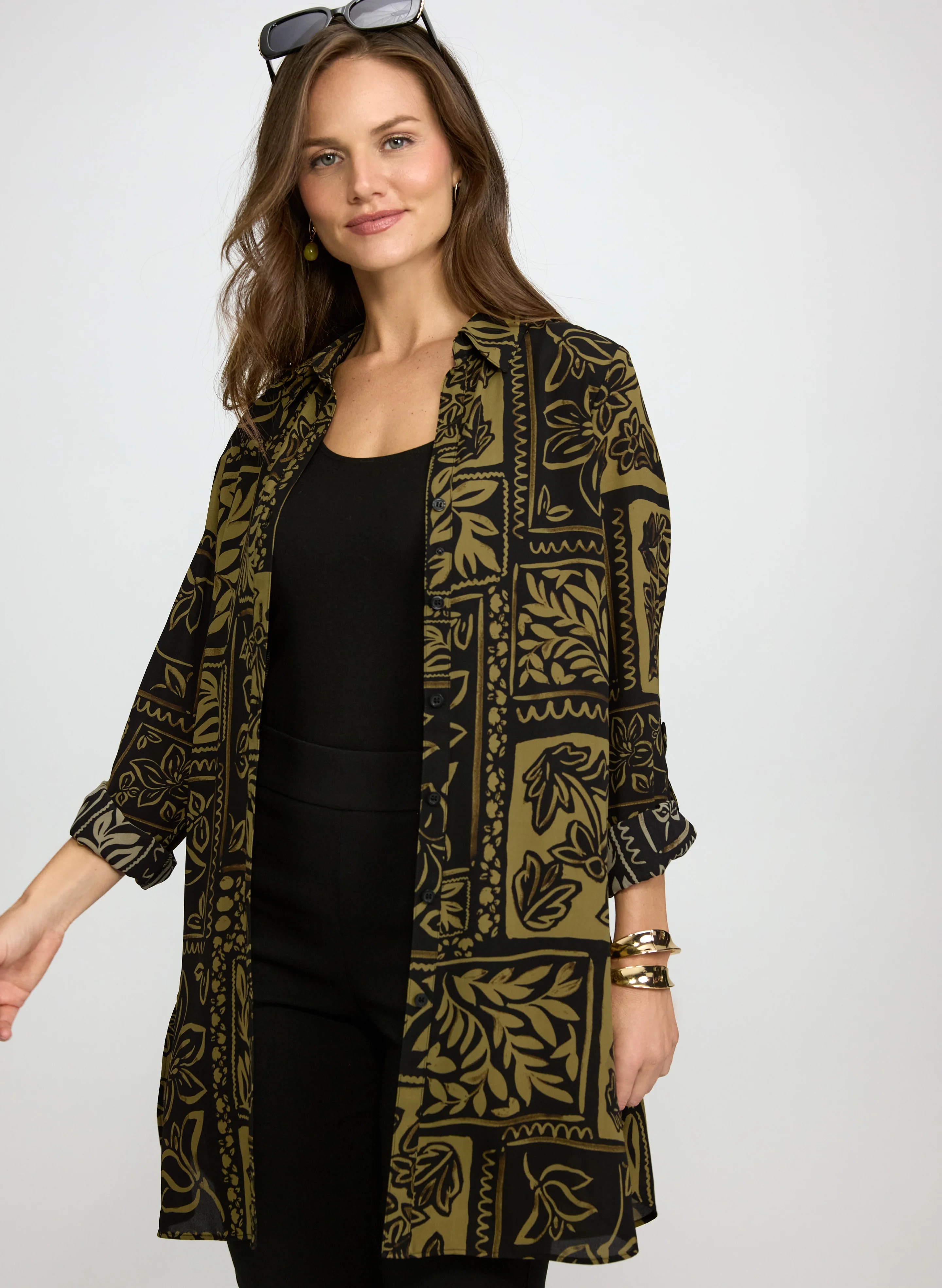 Patterned Tunic Button-Down Blouse