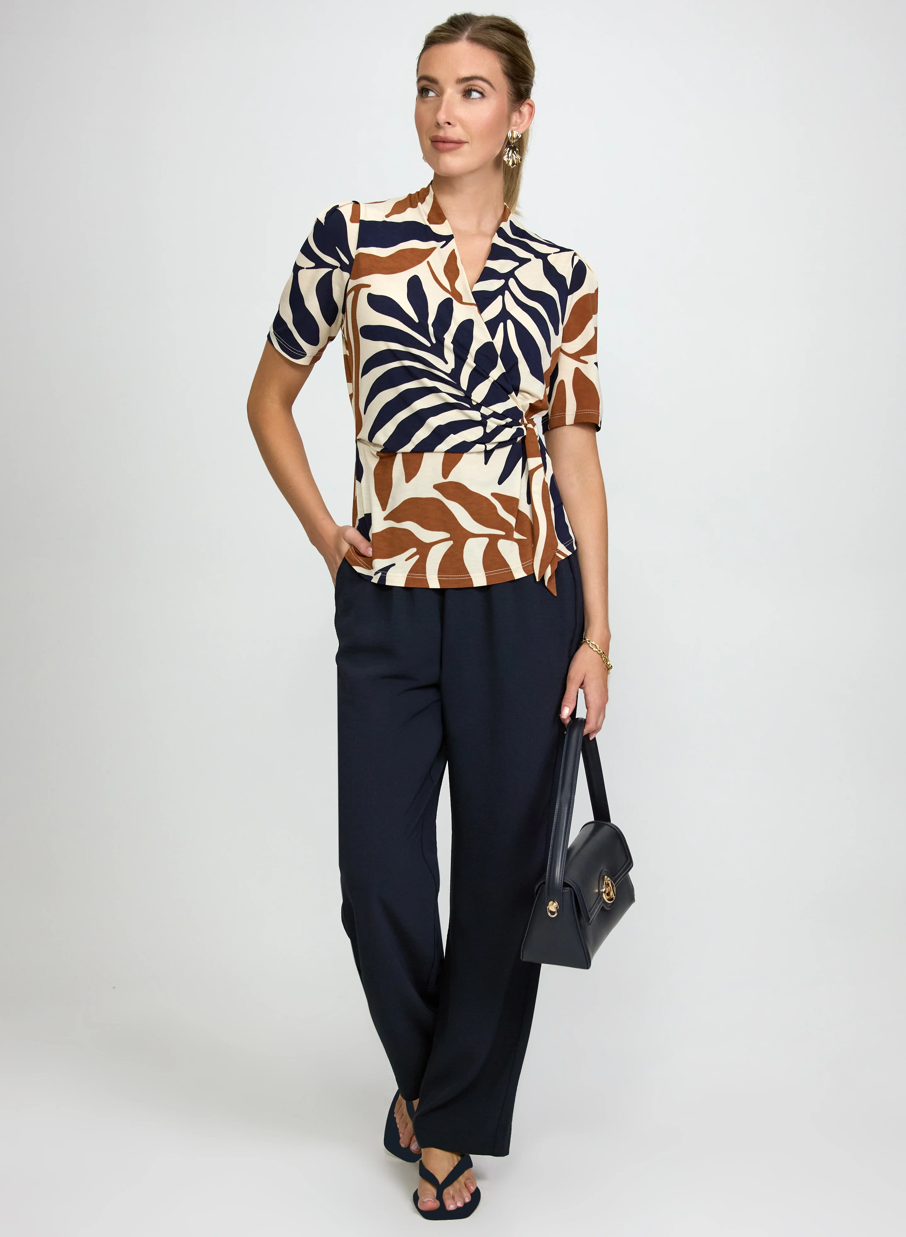 Leaf Print Faux-Wrap Top - Image 3