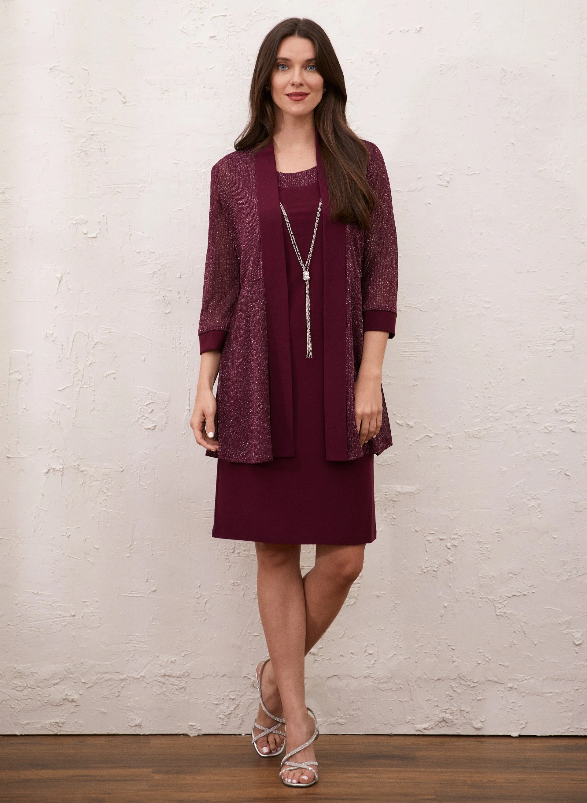 Metallic Cardigan, Dress & Necklace Set