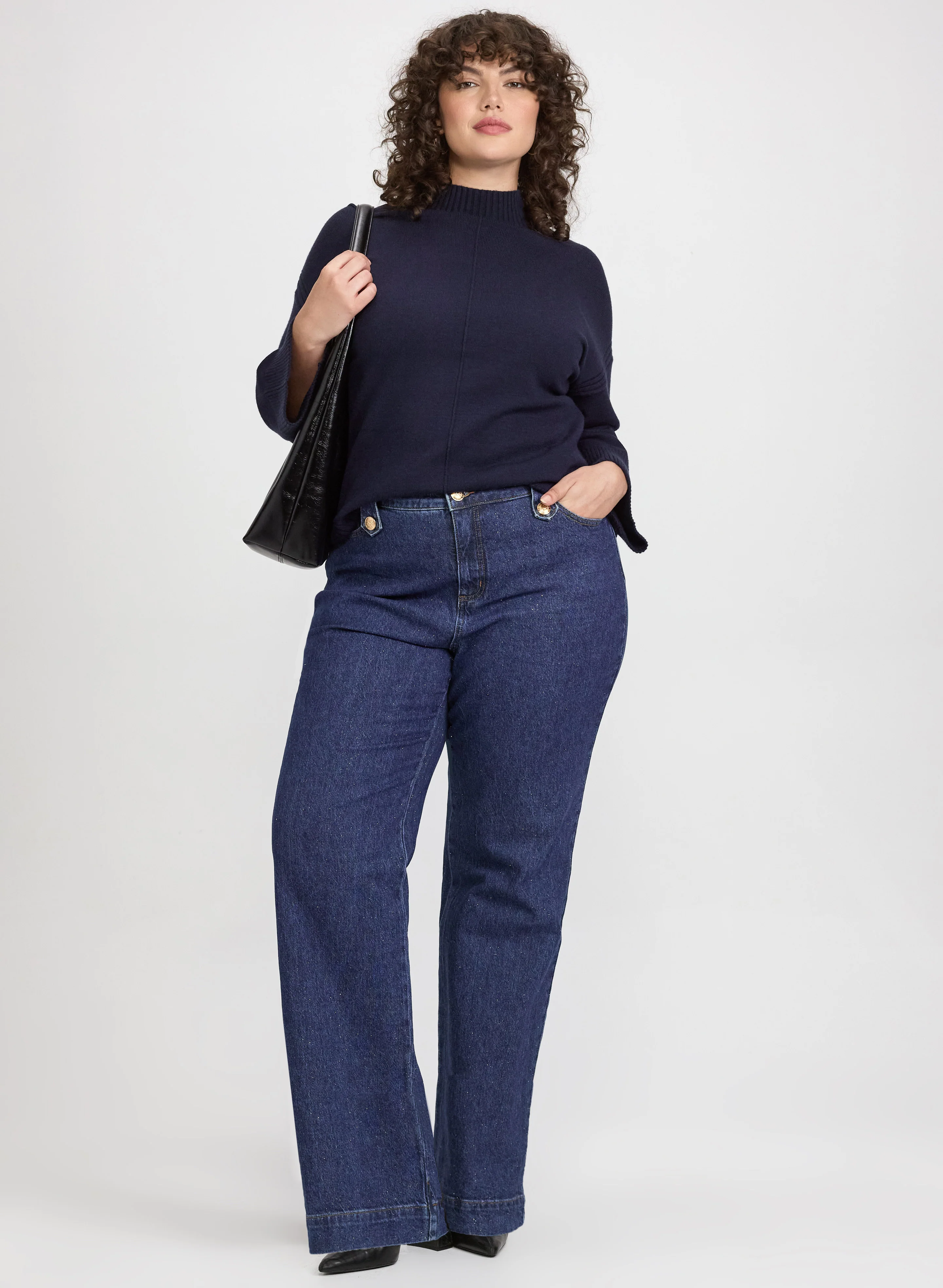 Mock Neck Sweater & Metallic Detail Wide-Leg Jeans