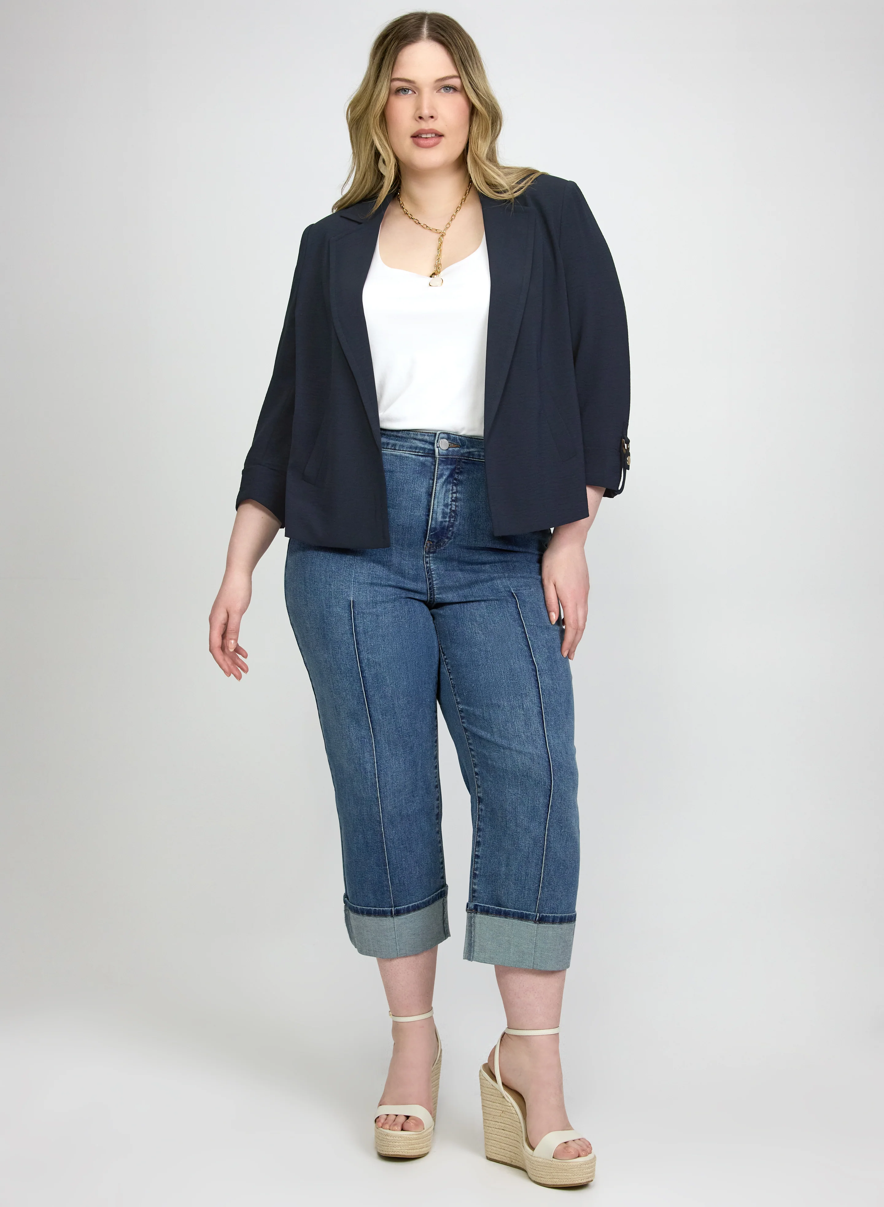 Open-Front Blazer & Straight-Leg Denim Capris