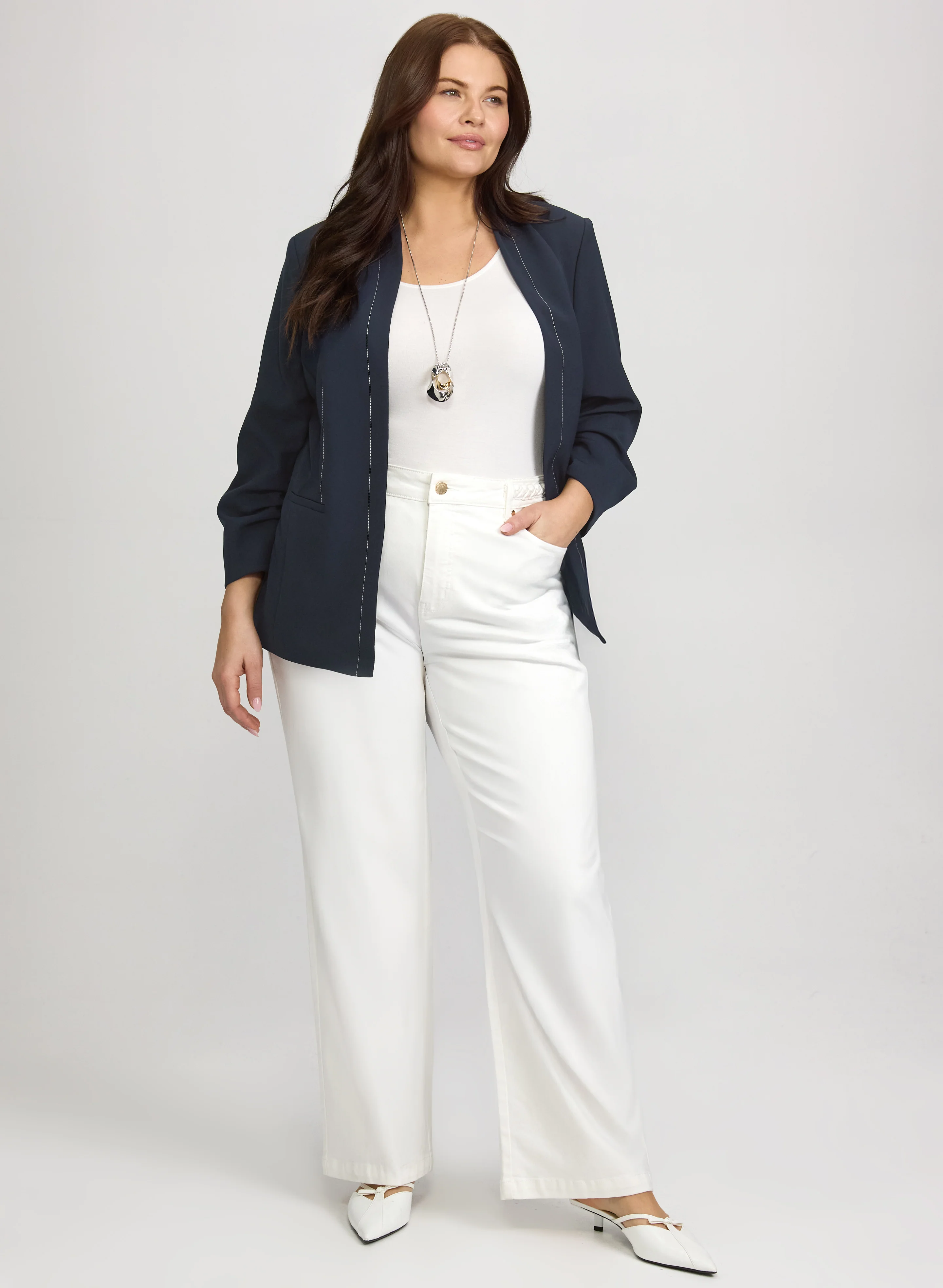 Open Front Jacket & Braided Trim Wide-Leg Jeans