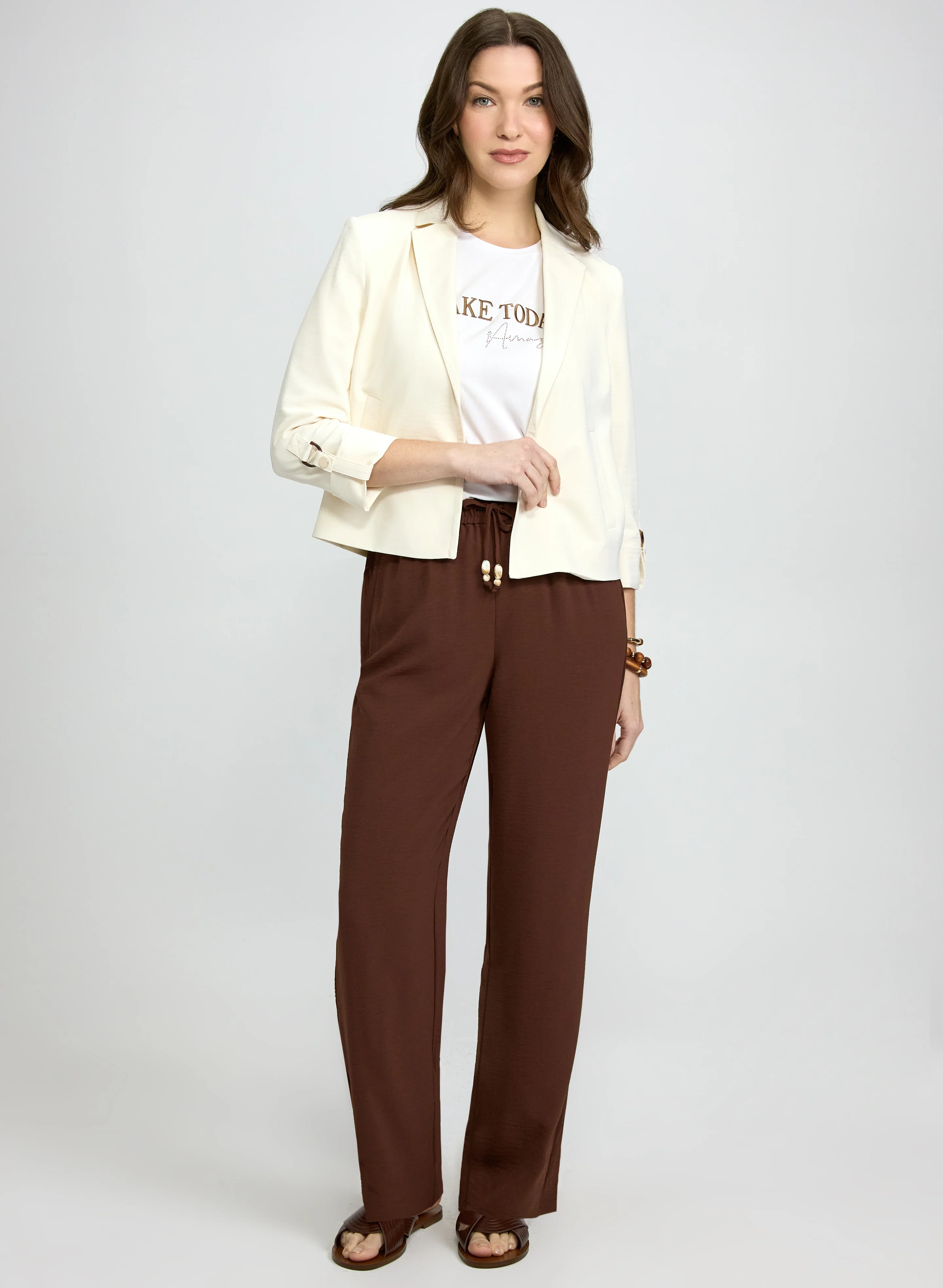 Open Front Jacket & Crinkled Wide-Leg Pants