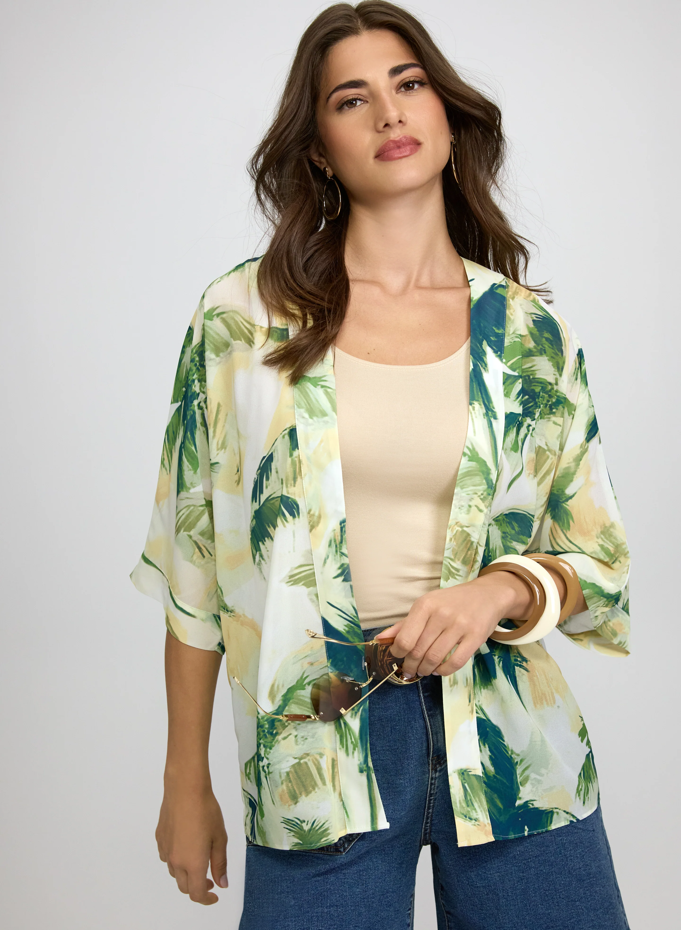 Palm Print Open Front Blouse