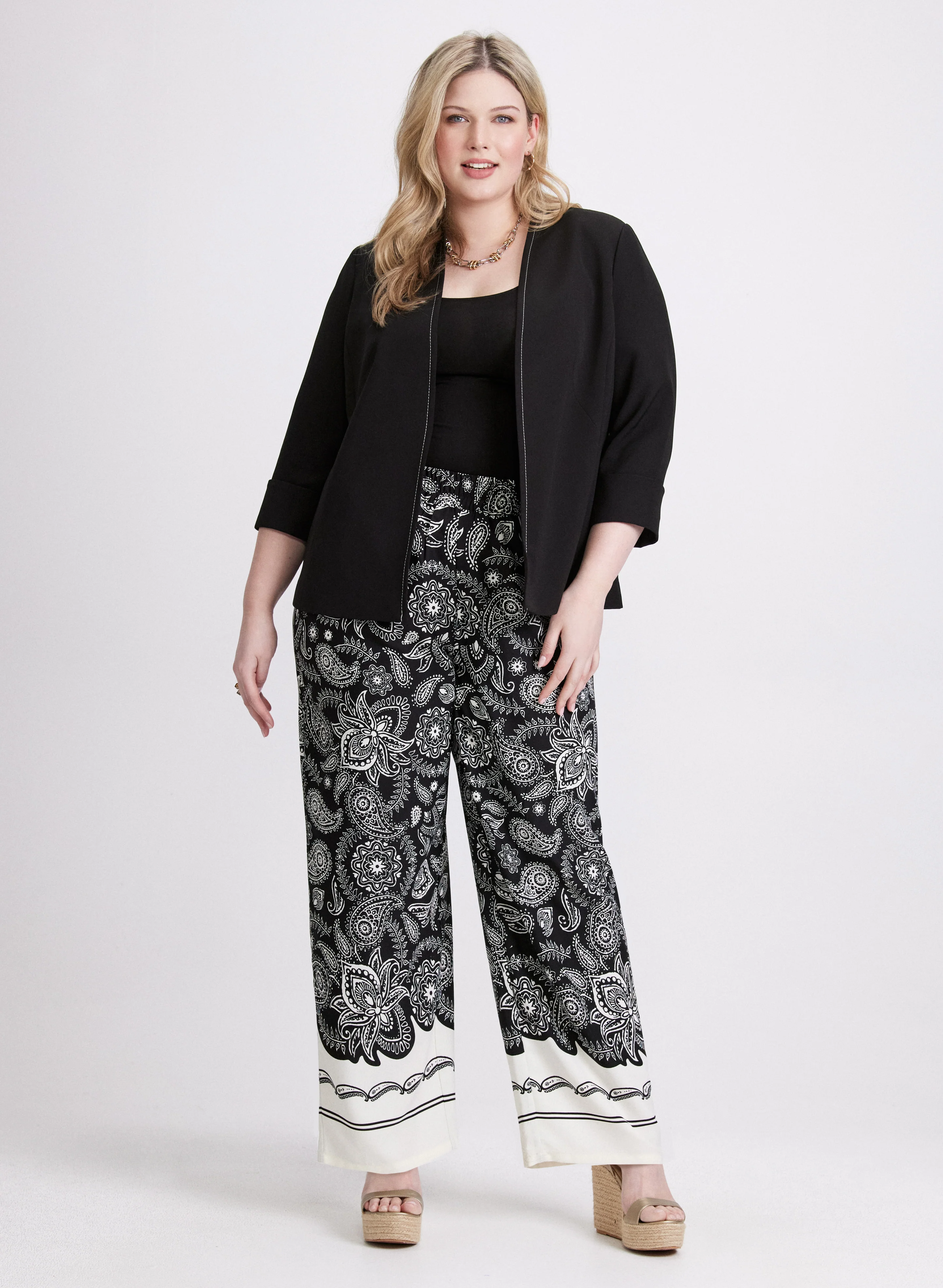 Open Twill Jacket & Contrast Paisley Wide-Leg Pants