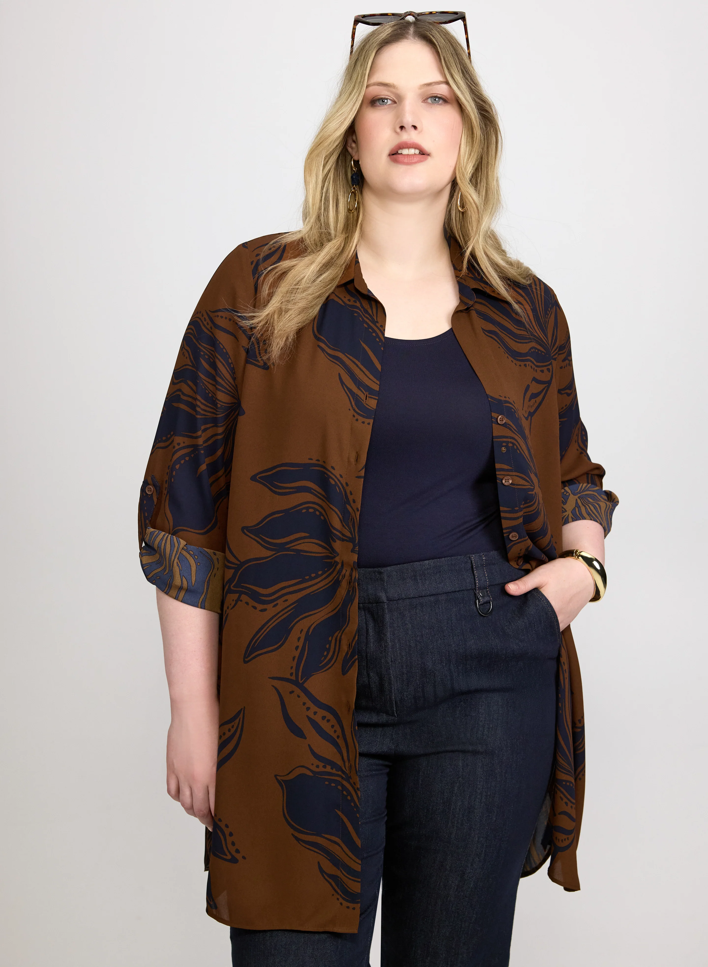 Patterned Tunic Button-Down Blouse