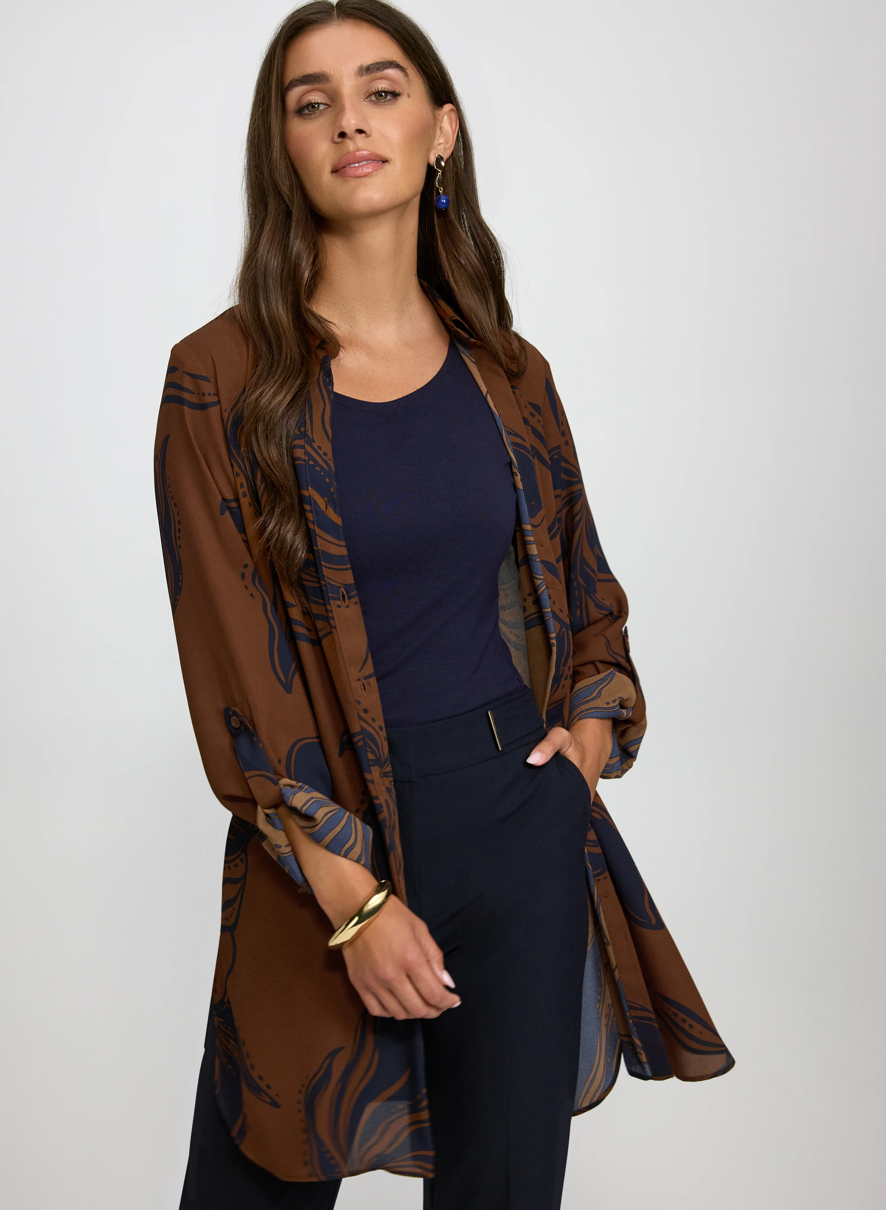 Patterned Tunic Button-Down Blouse