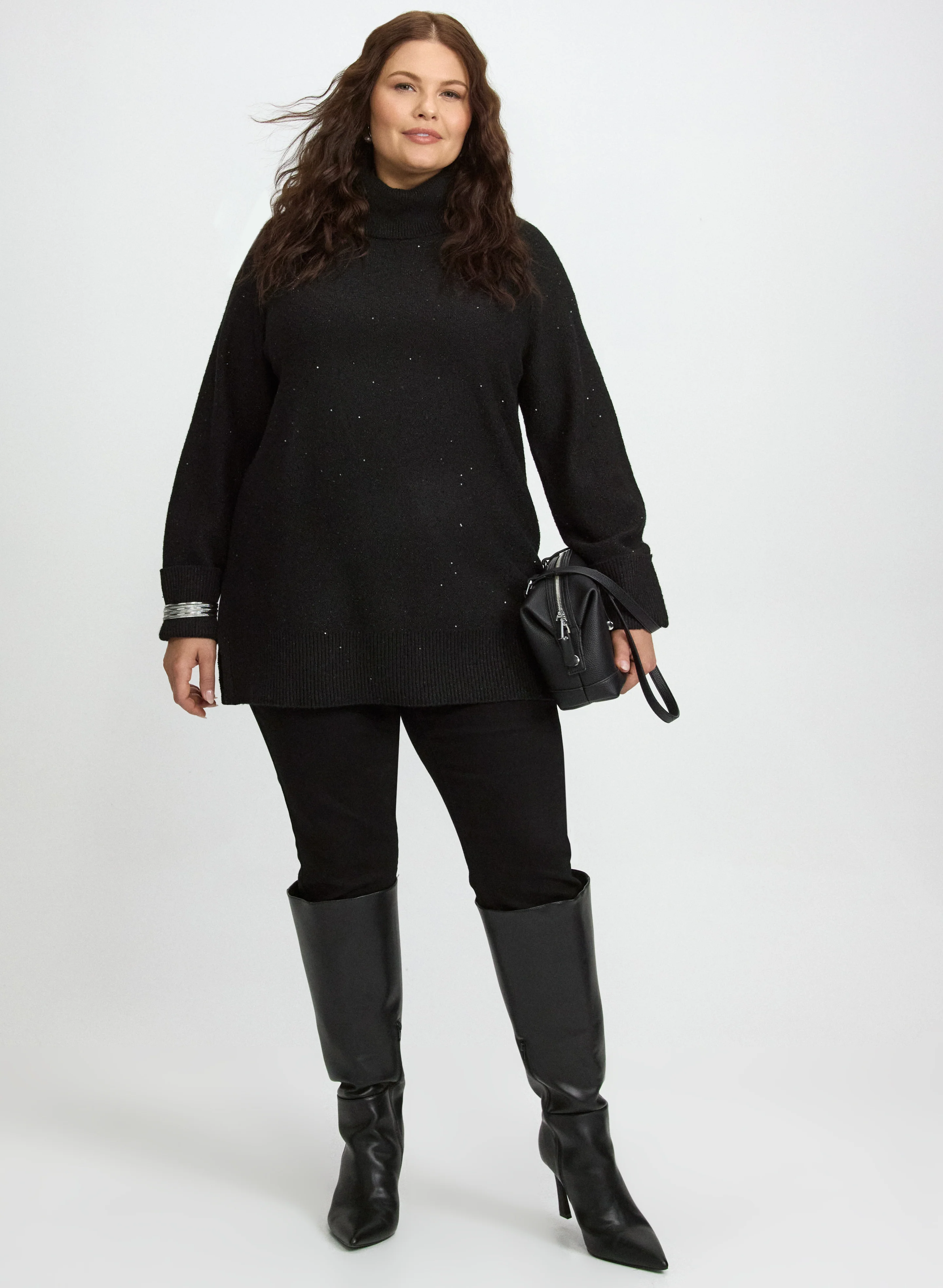 Sequined Cowl Neck Tunic Sweater & Embellished Bow Detail Jeans