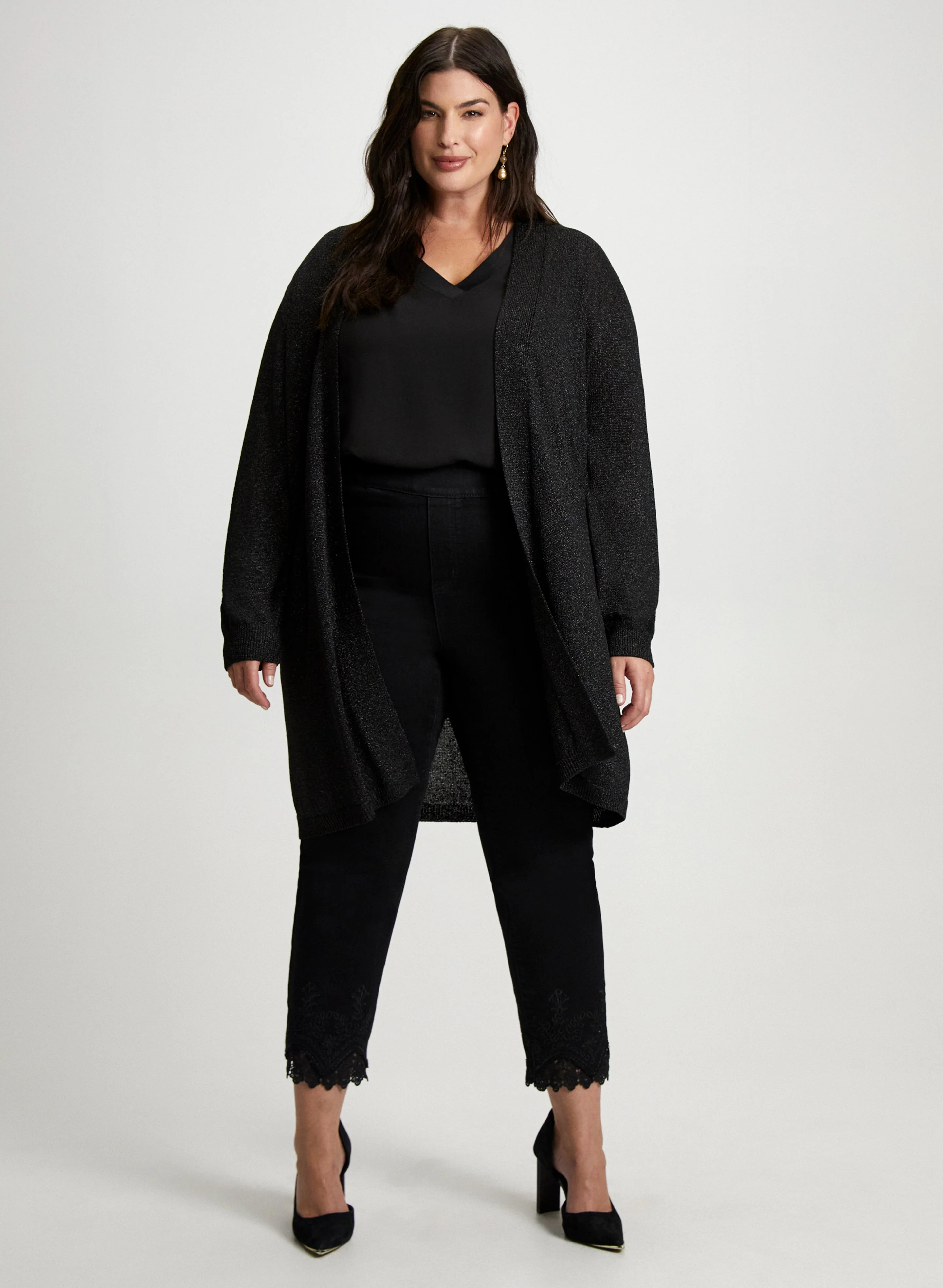 Shimmer Cardigan, Sleeveless Blouse & Lace Hem Pants