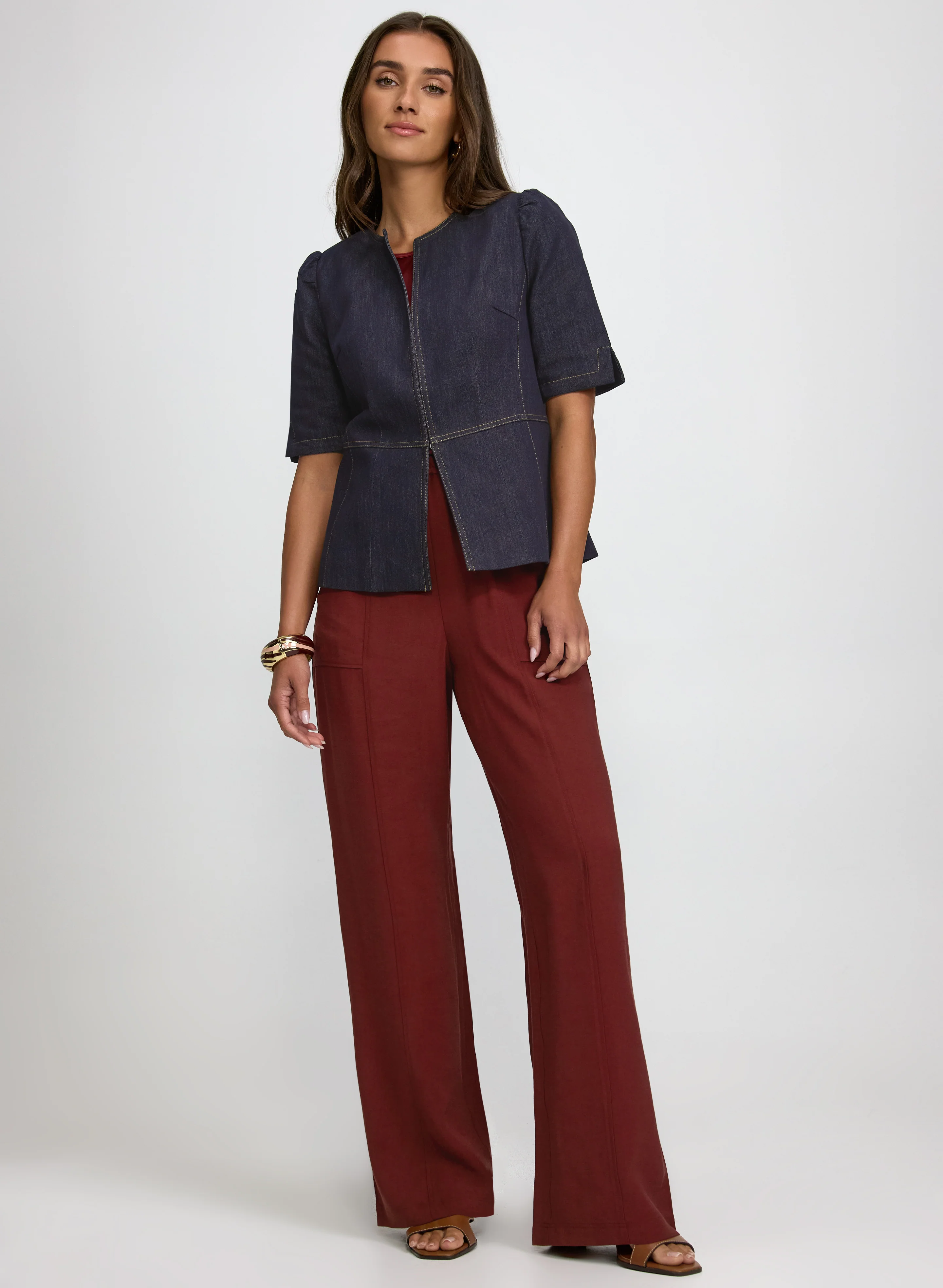 Denim Hook-Front Jacket & Pull-On Twill Pants