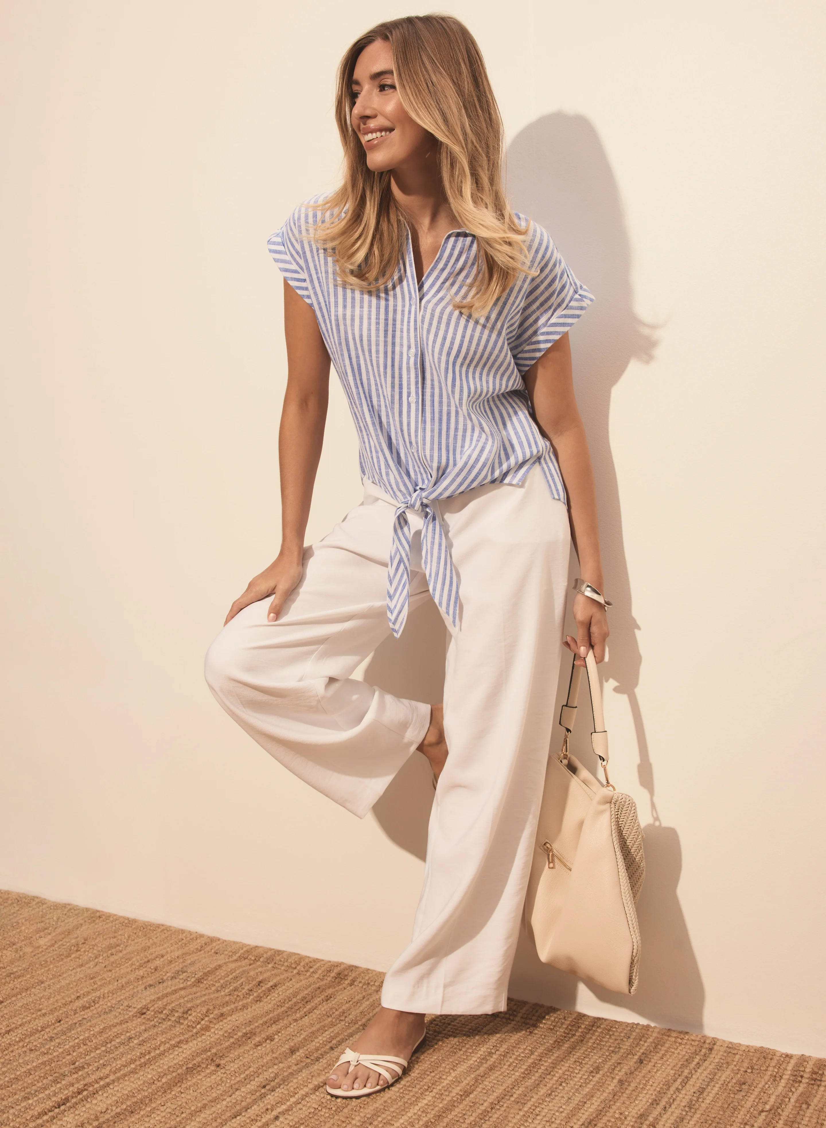 Stripe Front Tie Blouse & Olivia Wide-Leg Pants