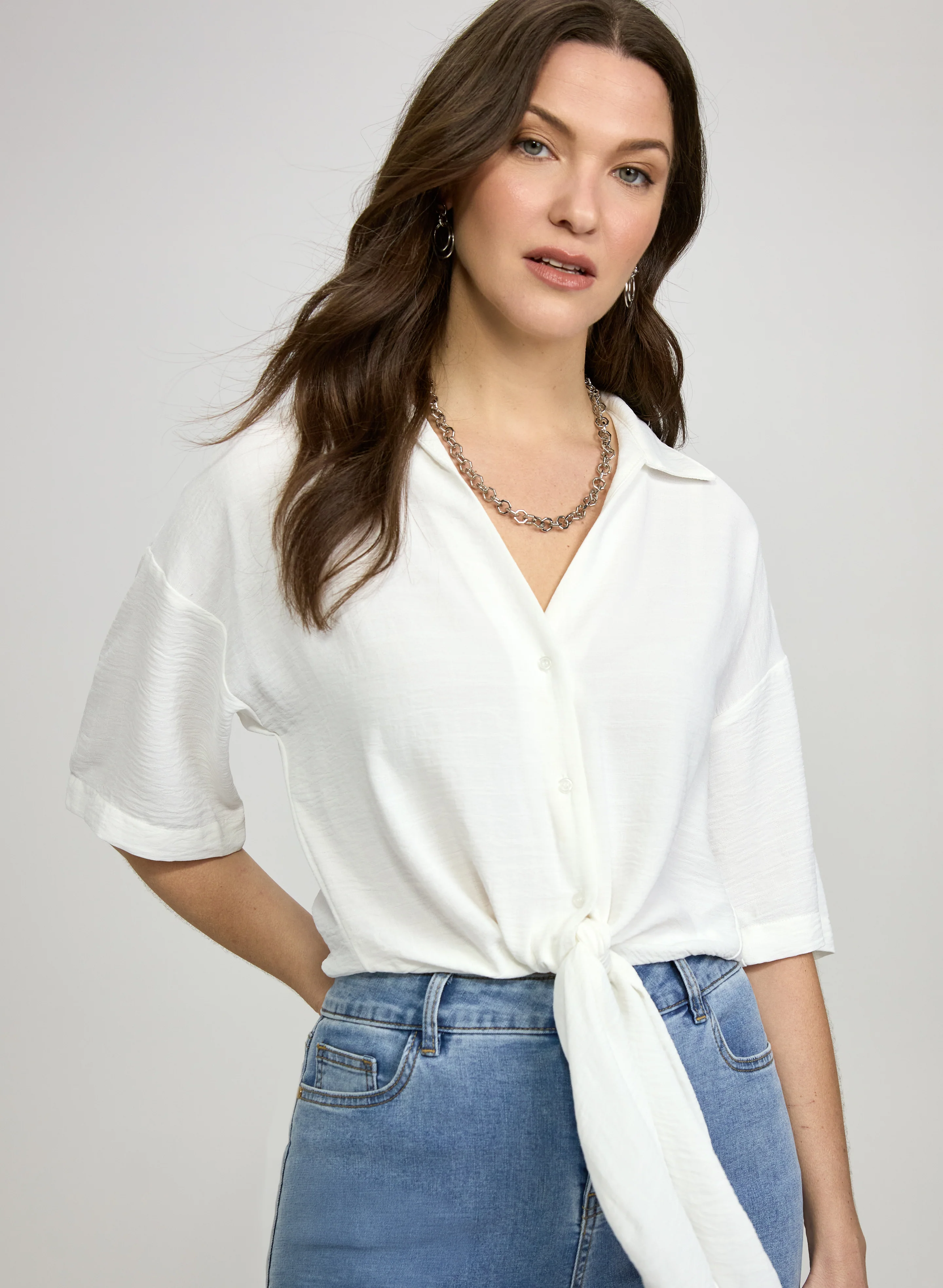 Textured Tie Front Blouse