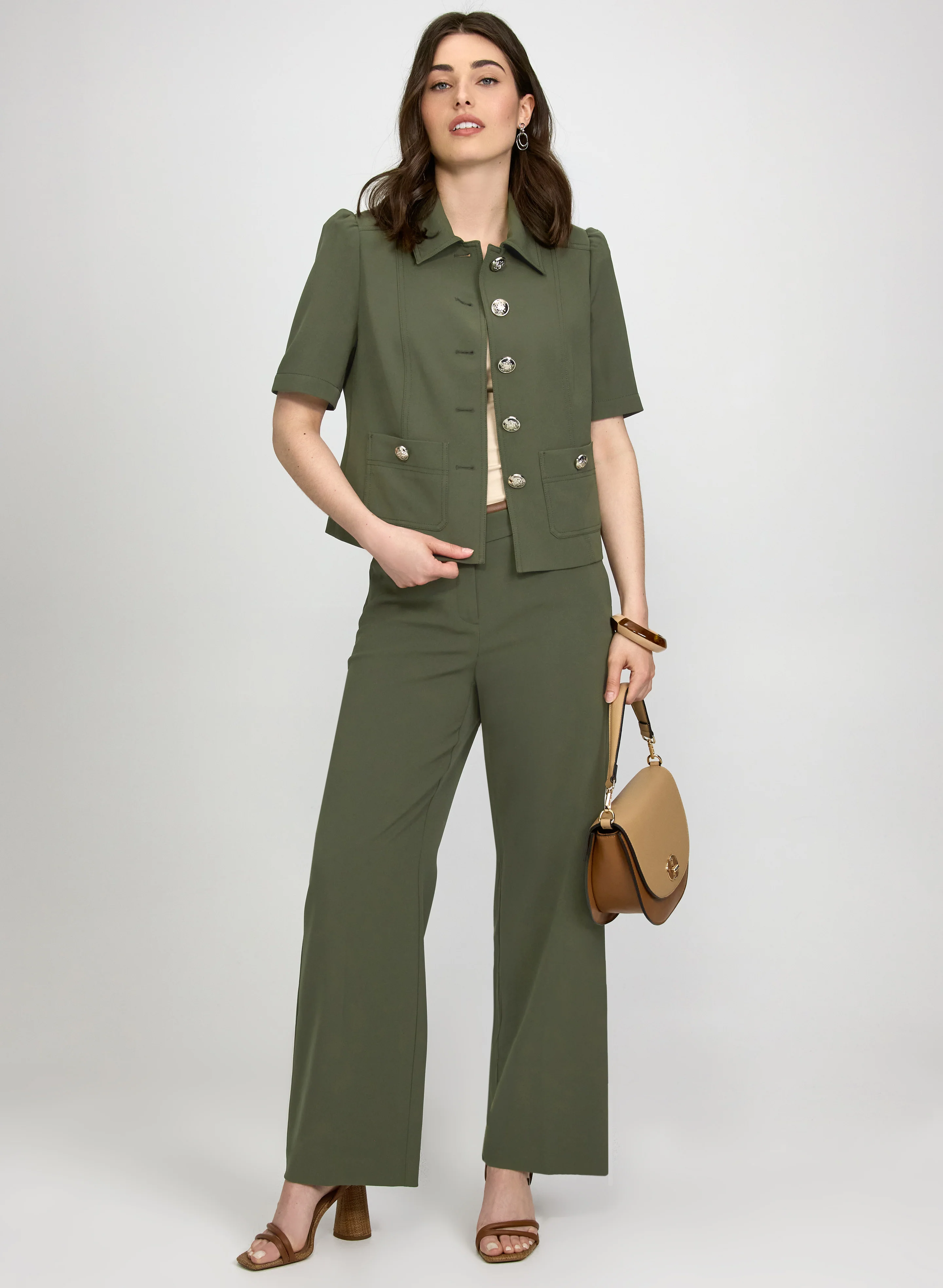 Twill Short Sleeve Jacket & Olivia Twill Wide-Leg Pants