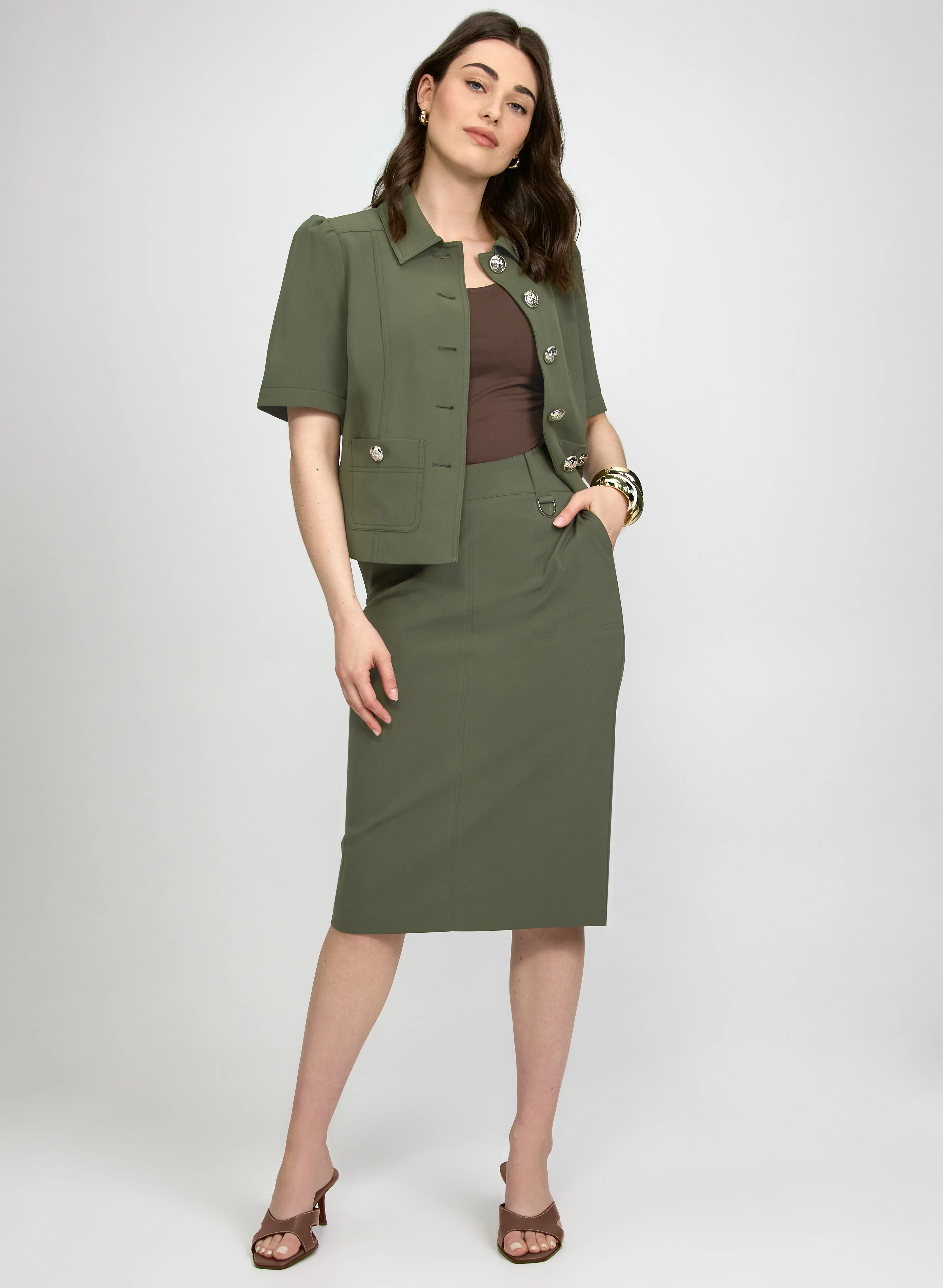 Twill Short Sleeve Jacket & Zip-Up Pencil Skirt