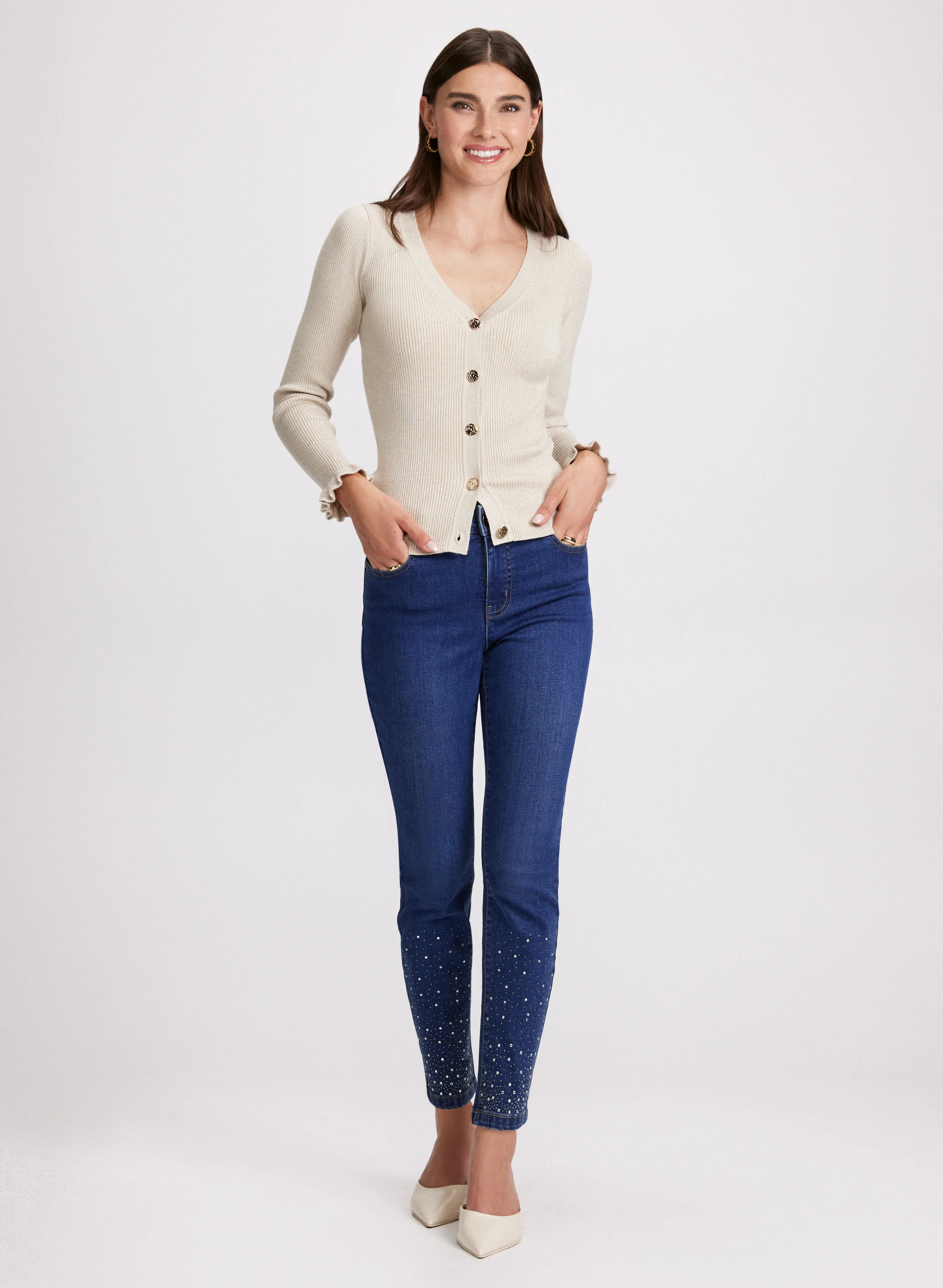 V-Neck Cardigan & Embellished Slim Leg Jeans