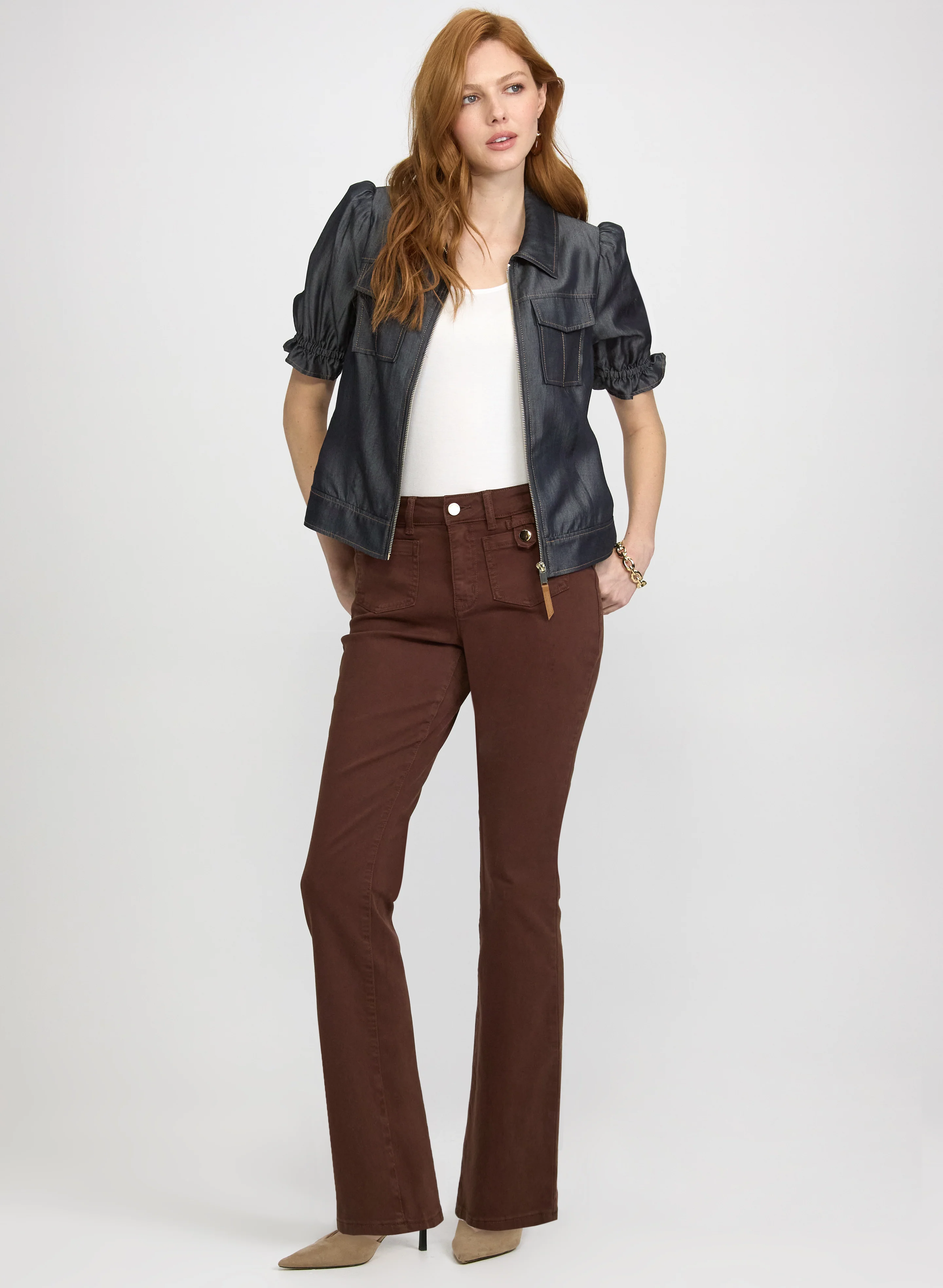 Zip Tencel Jacket & Flare-Leg Patch Pocket Jeans